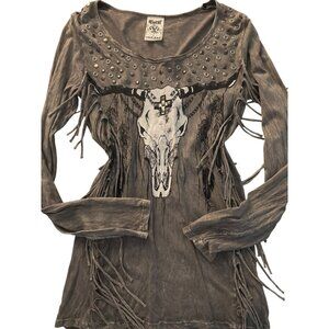 Vocal Gray Long Sleeve Fringe Blouse